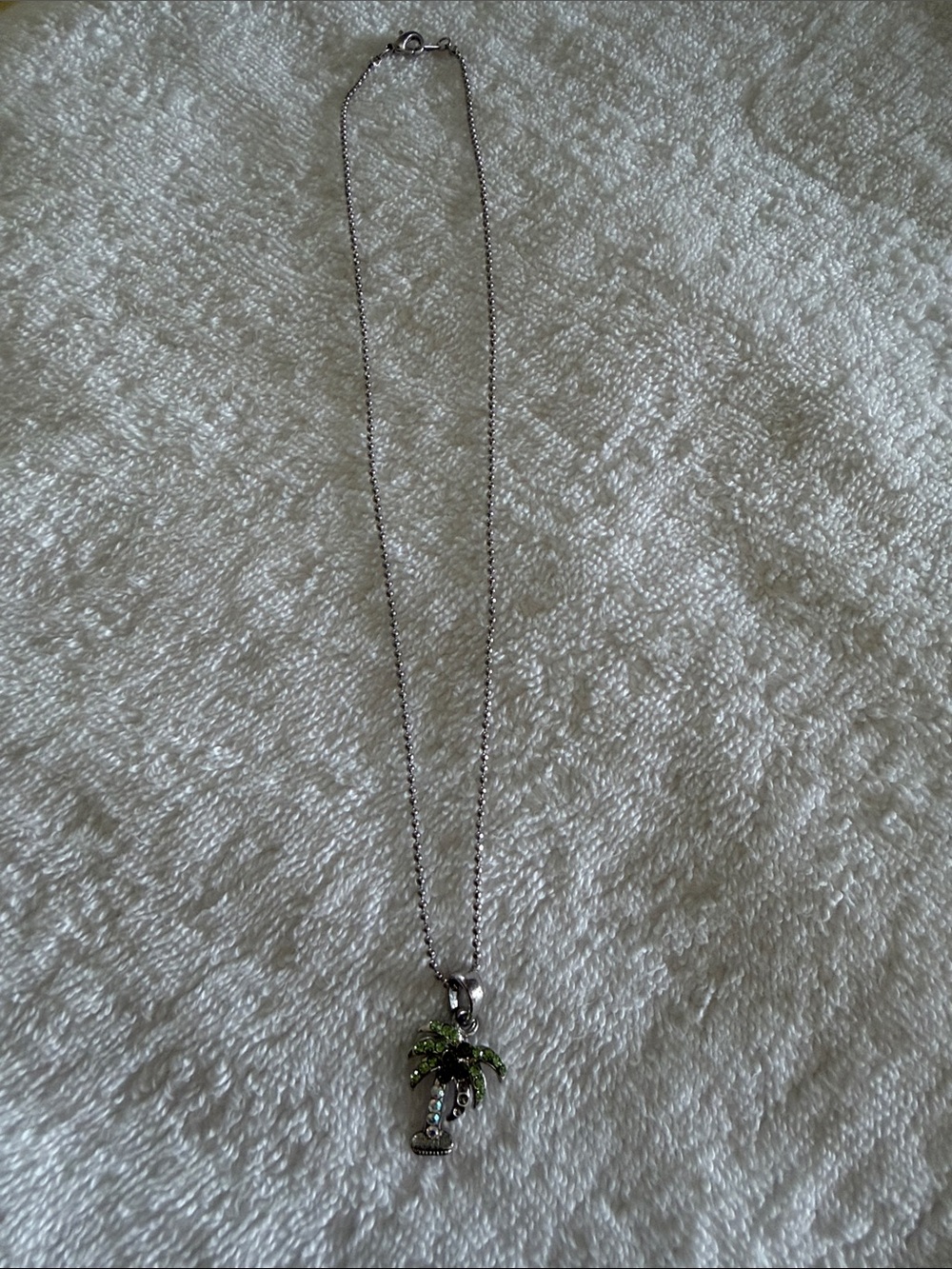 Silver Palm Tree Pendant Necklace with Green Crystals